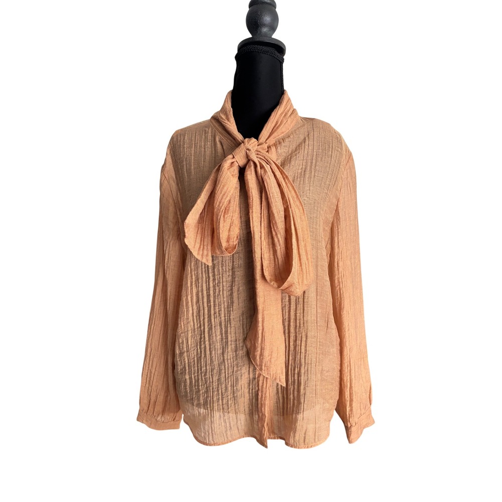 NWTS Zara Womens M Beige Tan Crinkle Texture Tie Neck Bow Blouse Button Down